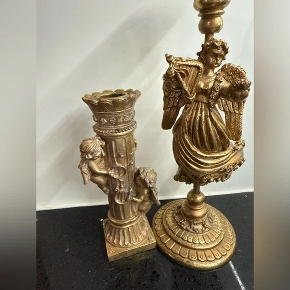 Vintage Inspired Baroque Angel‎ & Cherub Candlestick Holders Set Gilt Gold - Picture 12 of 17